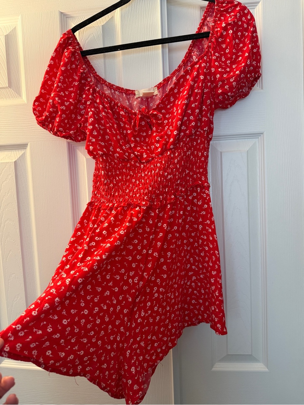 Altar'd State Red Floral Puff-Sleeve Smocked Mini Dress Romper Shorts